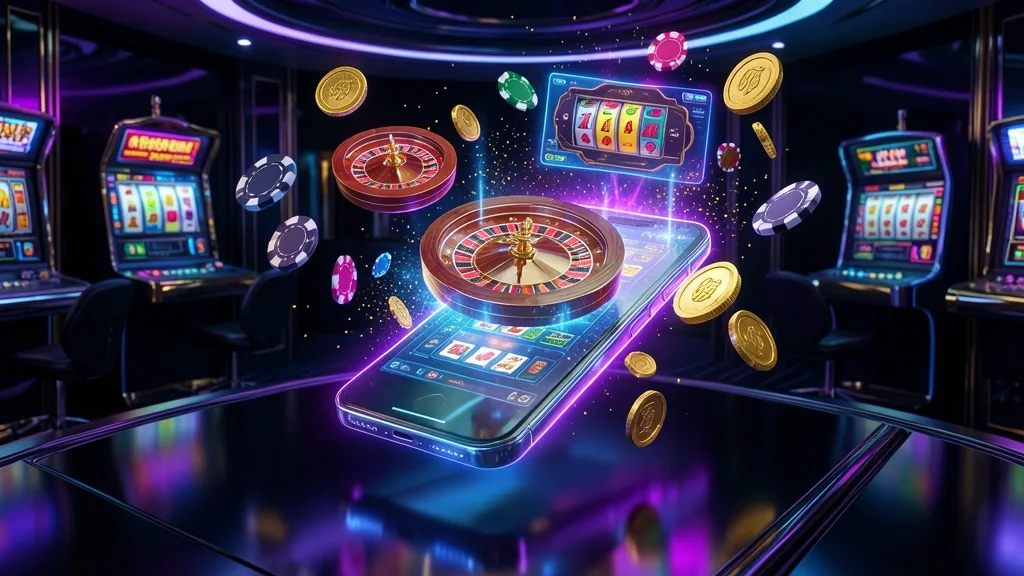 Glowing smartphone projecting holographic roulette, slot reels, poker chips, and coins
