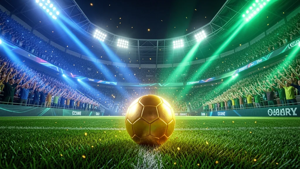 Glowing golden football on stadium pitch with floodlights and cheering fans
