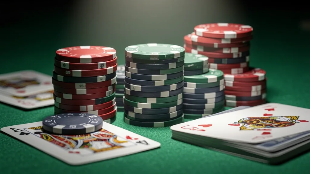 Casino chips and playing cards arranged on green felt under spotlight
