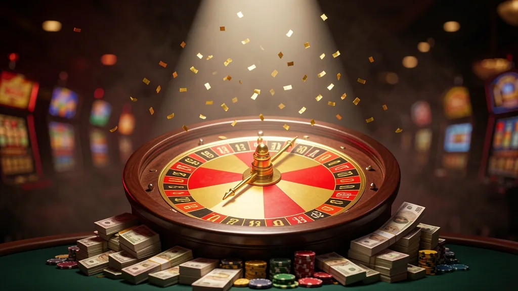 Giant money wheel with red sector, banknotes, chips, and golden confetti