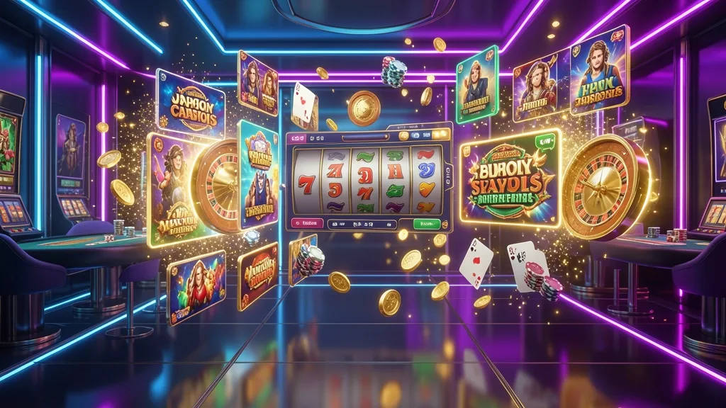 Digital casino lobby with floating game tiles, reels, cards, chips, and coins