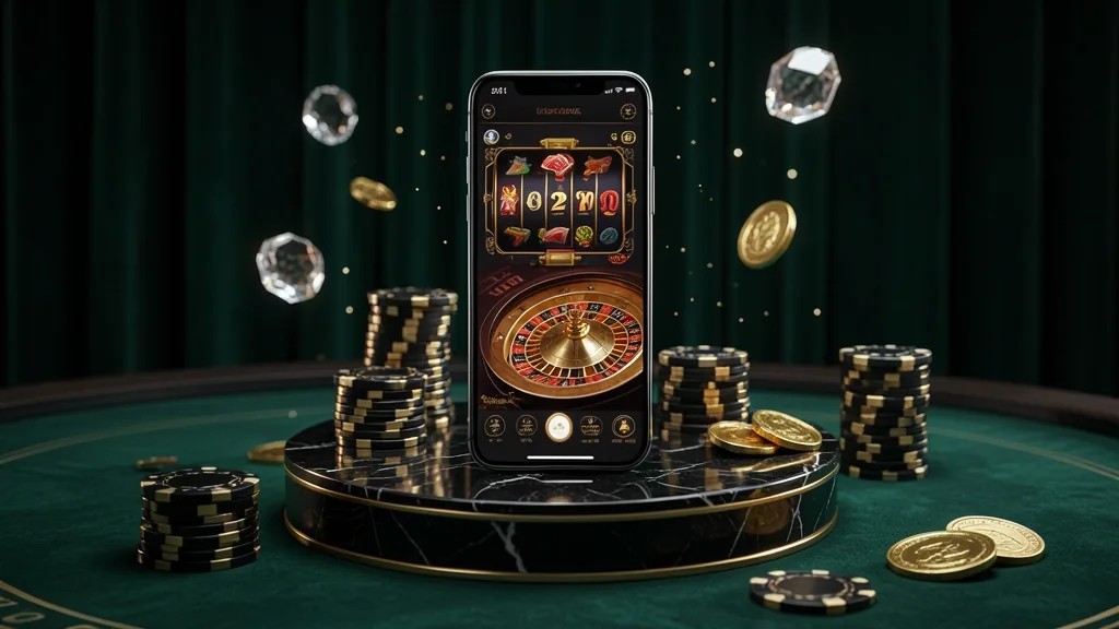 Luxury smartphone displaying casino app on black marble pedestal with chips and coins