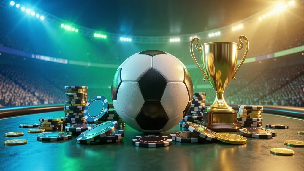 Football surrounded by betting chips, trophy, coins, and illuminated stadium