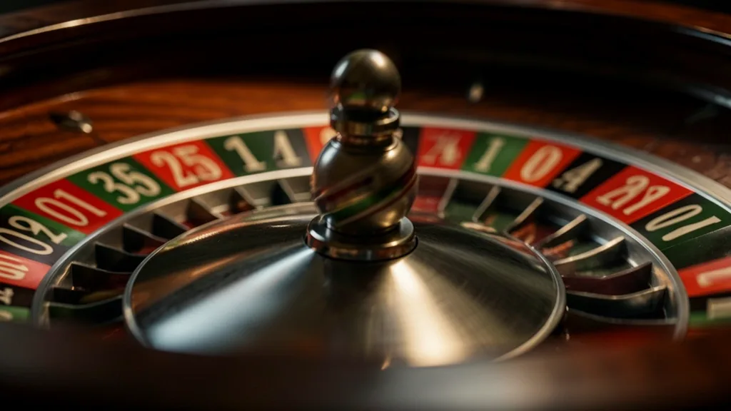 Close-up roulette wheel spinning with ball in motion under dramatic lighting
