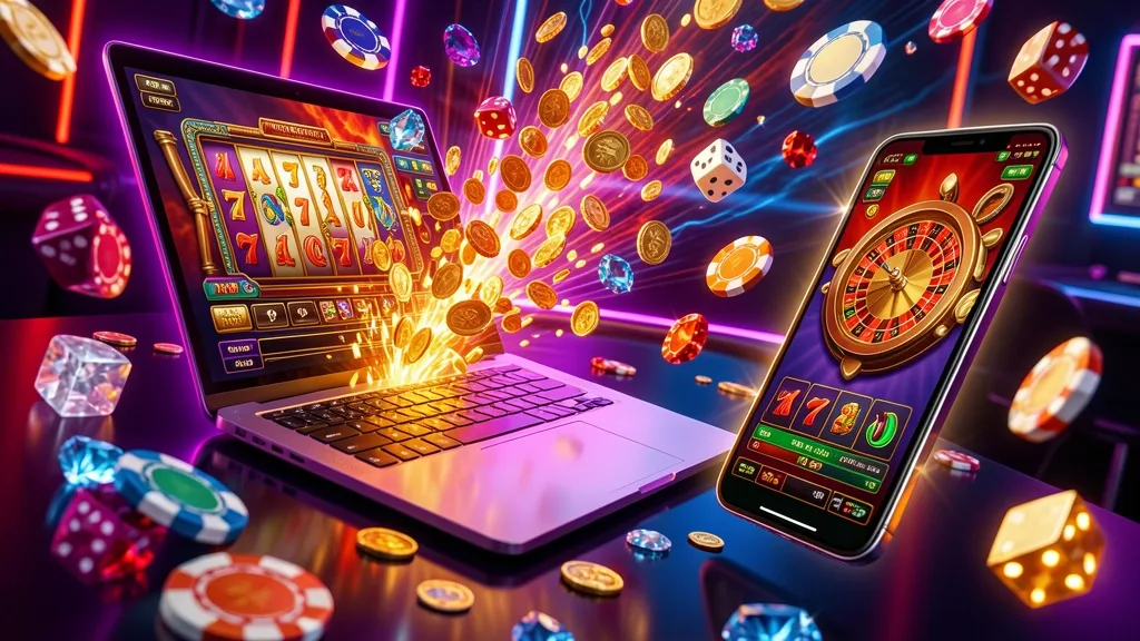 Laptop and smartphone displaying casino games amid flying coins and chips