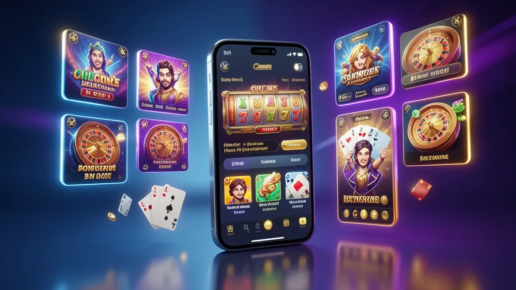 Smartphone surrounded by floating casino game tiles and glowing bonus elements