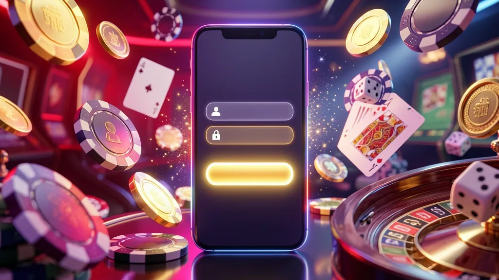 Smartphone showing casino login interface surrounded by chips, coins, cards, and dice