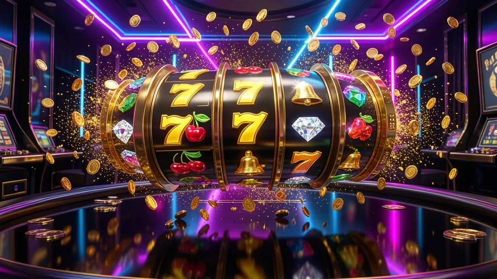 Floating slot reels displaying lucky symbols amid flying gold coins