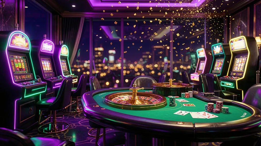 Luxury casino interior with slot machines, roulette wheel, cards, chips, and city lights