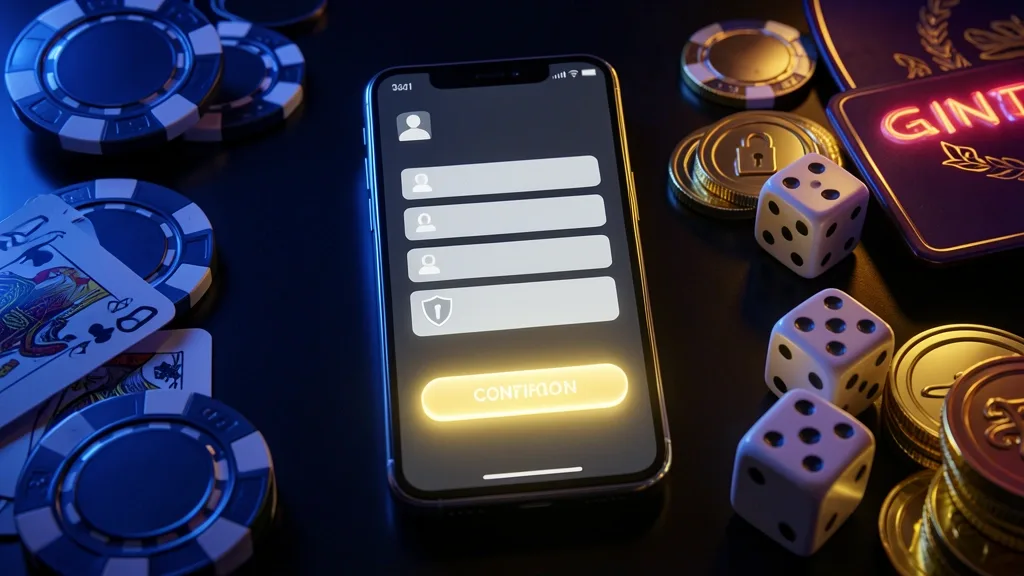 Smartphone displaying casino registration interface surrounded by chips, cards, dice, and coins